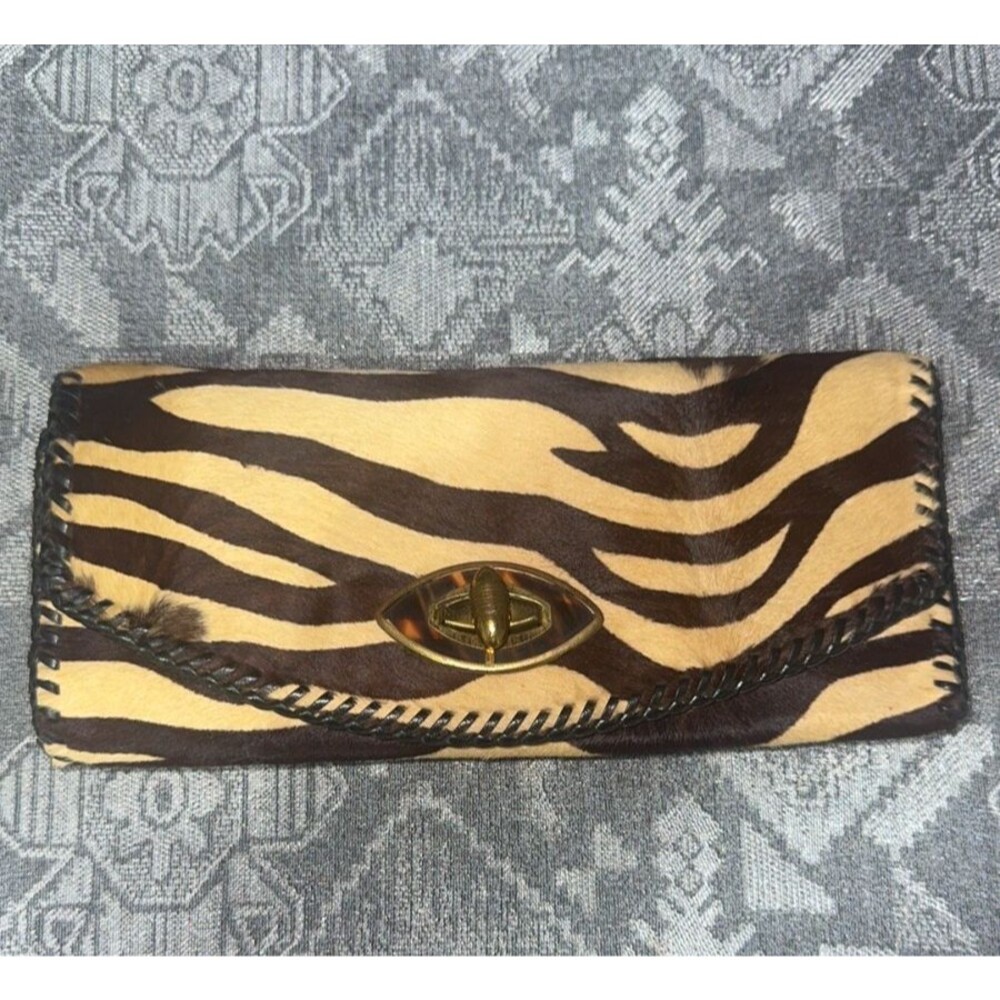 Vintage 1970s handmade zebra print cowhide leather clutch wallet hand stitched